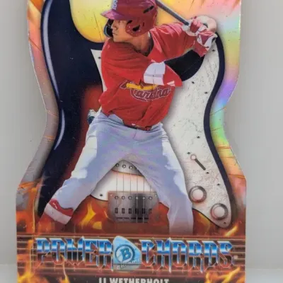 Sale Photo Thumbnail #727: Bowman Chrome Power Chords guitar-die-cut baseball trading card featuring JJ Wetherholt in a St. Louis Cardinals uniform.