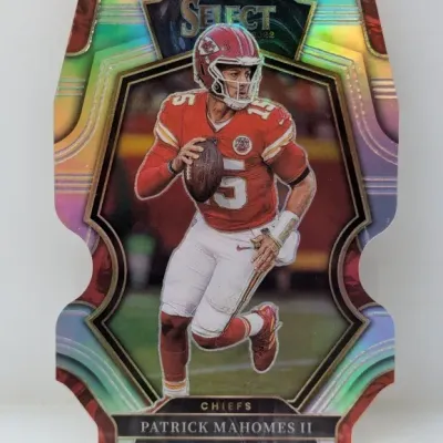 Sale Photo Thumbnail #384: 2022 Panini Select Patrick Mahomes II die-cut football trading card featuring a rainbow holo finish.