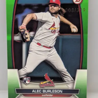 Sale Photo Thumbnail #355: 2023 Bowman Alec Burleson green parallel rookie baseball card, serial numbered 008/399.