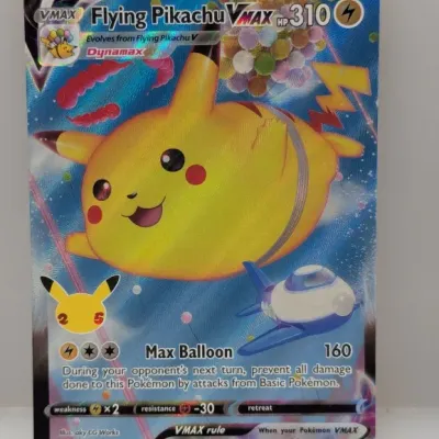 Sale Photo Thumbnail #658: Flying Pikachu VMAX Pokémon trading card from the 2021 25th Anniversary Celebrations set (007/025), featuring textured full-art holographic finish.
