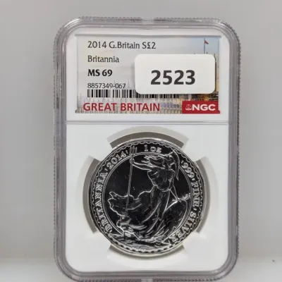 Sale Photo Thumbnail #848: 2014 Great Britain 1 oz silver Britannia coin, graded MS 69 by NGC.