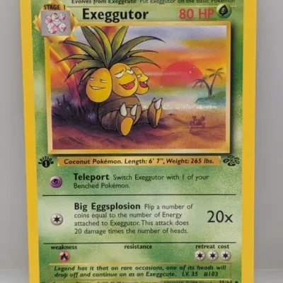 Sale Photo Thumbnail #250: 1st Edition Exeggutor Pokémon trading card from the 1999 Jungle set (35/64), illustrated by Kagemaru Himeno.