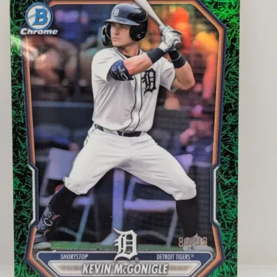 Sale Photo Thumbnail #213: Bowman Chrome Kevin McGonigle green refractor baseball card, numbered 86/99, featuring the Detroit Tigers prospect in good condition.