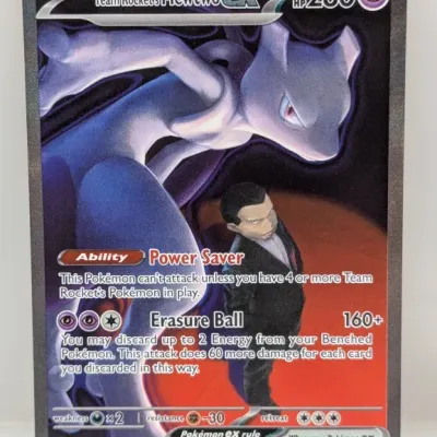 Sale Photo Thumbnail #28: Team Rocket's Mewtwo ex full art Pokémon trading card, numbered 281/217 from the 2026 Scarlet & Violet series.