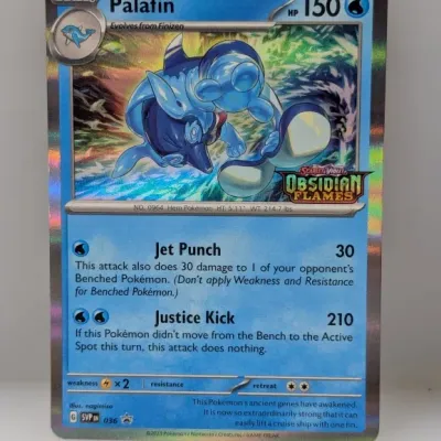 Sale Photo Thumbnail #289: Pokémon Scarlet & Violet Palafin promo card (SVP EN 036) featuring an Obsidian Flames set stamp and cosmos foil finish.