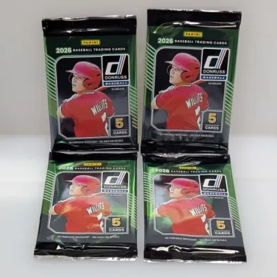 Sale Photo Thumbnail #465: Four sealed foil packs of 2026 Panini Donruss baseball trading cards, each containing 5 cards featuring Eli Willits on the cover.