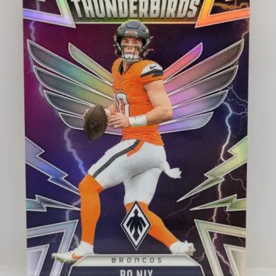 Sale Photo Thumbnail #298: Panini Phoenix Thunderbirds Bo Nix football trading card featuring a rainbow foil finish and lightning graphic design.