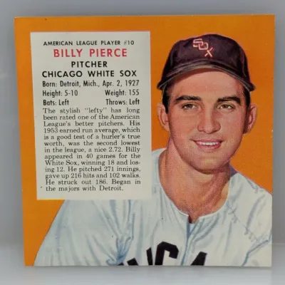 Sale Photo Thumbnail #223: 1954 Topps Billy Pierce #10 Chicago White Sox baseball card featuring a player portrait and printed biographical text on a bright orange background.