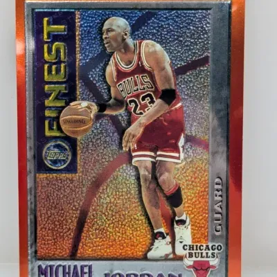 Sale Photo Thumbnail #121: 1993-94 Topps Finest Michael Jordan Chicago Bulls basketball trading card #1, featuring a refractored textured background and orange border.