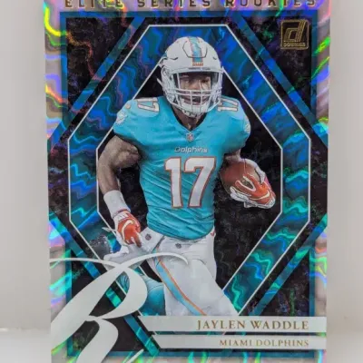 Sale Photo Thumbnail #576: 2021 Panini Donruss Elite Series Rookies Jaylen Waddle holographic trading card for the Miami Dolphins.