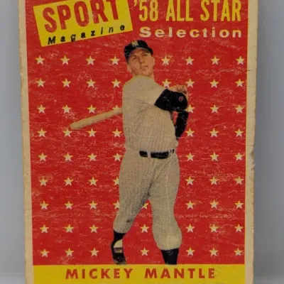 Sale Photo Thumbnail #56: 1958 Topps Mickey Mantle Sport Magazine All Star Selection baseball card #486, showing light surface wear and minor edge rounding.