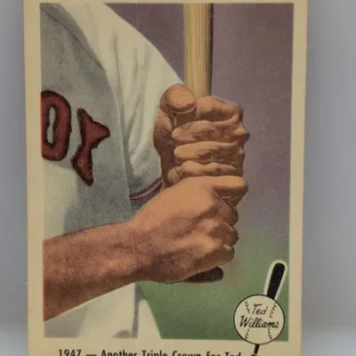 Sale Photo Thumbnail #159: Vintage 1959 Fleer Ted Williams #29 baseball card, titled "1947 — Another Triple Crown For Ted." The card shows minor corner wear consistent with age.
