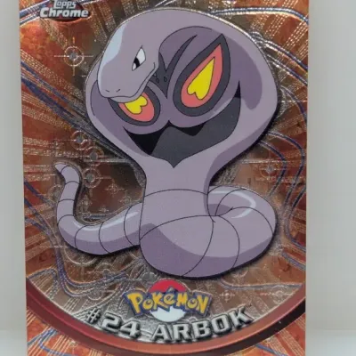 Sale Photo Thumbnail #744: 2000 Topps Chrome Pokémon #24 Arbok trading card featuring a metallic holographic background.