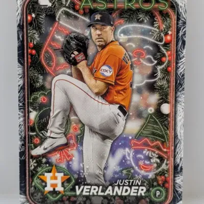 Sale Photo Thumbnail #229: Topps Holiday baseball card featuring Houston Astros pitcher Justin Verlander in a festive neon light design.