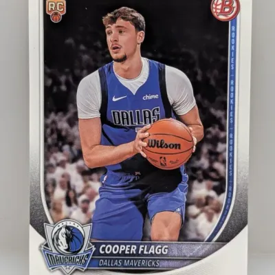 Sale Photo Thumbnail #68: Bowman Cooper Flagg rookie trading card depicting him in a Dallas Mavericks uniform, presented in sharp condition.