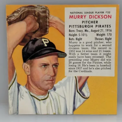Sale Photo Thumbnail #208: Vintage 1953 Bowman Color Murry Dickson #22 baseball card featuring the Pittsburgh Pirates pitcher, showing minor corner wear.
