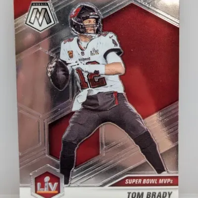 Sale Photo Thumbnail #54: Panini Mosaic Tom Brady Super Bowl MVPs football trading card featuring him in a Tampa Bay Buccaneers uniform.