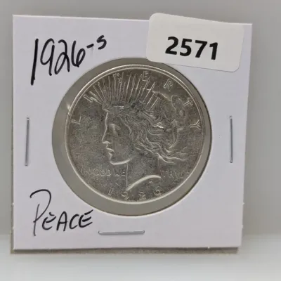 Sale Photo Thumbnail #896: 1926-S Peace Silver Dollar coin in a cardboard flip holder.