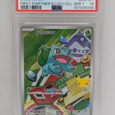 Sale Photo Thumbnail #222: PSA Gem Mint 10 graded 2026 Pokémon MEP EN Bulbasaur #037 First Partner Illustration Collection Series 1 trading card in a protective case.