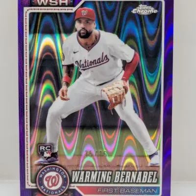 Sale Photo Thumbnail #434: Topps Chrome Warming Bernabel Washington Nationals rookie card with a purple refractor pattern, numbered 35/75.