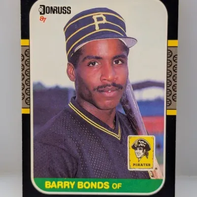 Sale Photo Thumbnail #715: 1987 Donruss Barry Bonds rookie baseball card (#361) featuring Bonds in his Pittsburgh Pirates uniform.