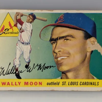 Sale Photo Thumbnail #636: 1954 Topps Wally Moon baseball card (#93) featuring the St. Louis Cardinals outfielder, showing light edge wear and surface tearing along the right margin.