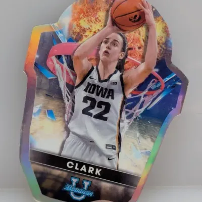 Sale Photo Thumbnail #47: Bowman U Caitlin Clark die-cut basketball trading card featuring an Iowa Hawkeyes jersey.