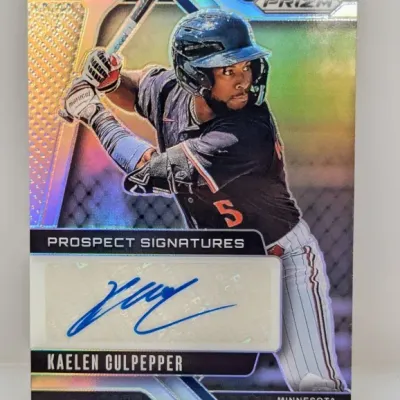 Sale Photo Thumbnail #140: Panini Prizm Kaelen Culpepper Prospect Signatures autographed trading card with a silver holographic finish.