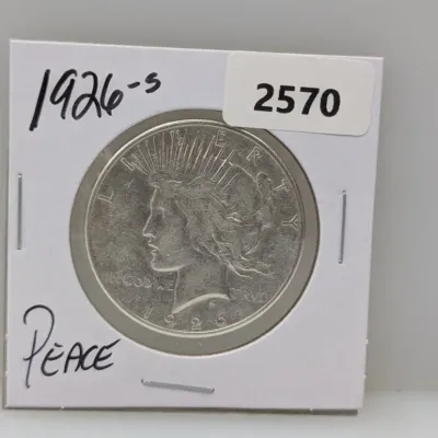 Sale Photo Thumbnail #895: 1926-S Peace silver dollar coin in a cardboard flip holder.