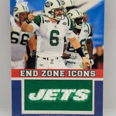 Sale Photo Thumbnail #759: Topps End Zone Icons trading card featuring Mark Sanchez, New York Jets quarterback, with embedded team patch.