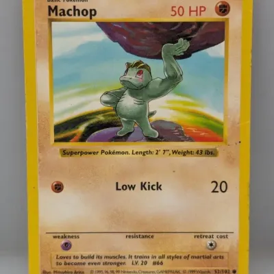 Sale Photo Thumbnail #779: 1999 Pokémon Base Set Unlimited Machop trading card (#52/102) illustrated by Mitsuhiro Arita, displaying slight edge wear.