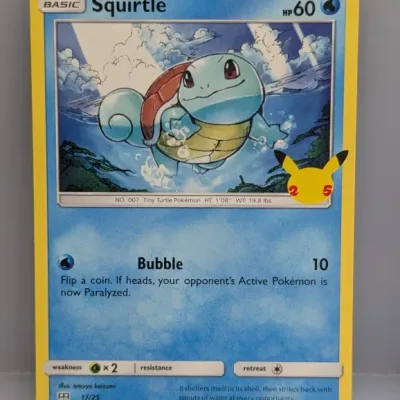 Sale Photo Thumbnail #716: Squirtle 17/25 Pokémon card from the 2021 25th Anniversary Celebrations McDonald's collection, featuring a Pikachu stamp.