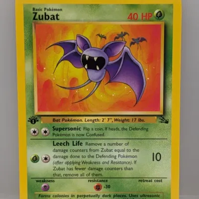 Sale Photo Thumbnail #308: 1st Edition Zubat Pokémon trading card, Fossil expansion set #57/62, released in 1999.