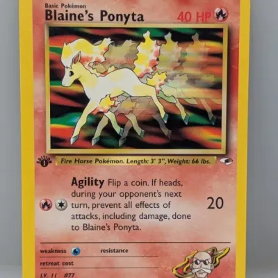 Sale Photo Thumbnail #476: Blaine's Ponyta 1st Edition Pokémon trading card from the Gym Heroes set, released by Wizards of the Coast in 2000.