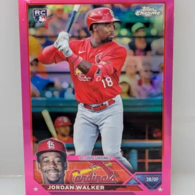 Sale Photo Thumbnail #318: 2023 Topps Chrome Jordan Walker pink refractor rookie baseball card (#213) in near-mint condition.