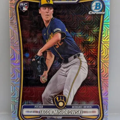 Sale Photo Thumbnail #721: 2023 Bowman Chrome Jacob Misiorowski Mojo Refractor rookie card featuring a patterned holographic foil border and sharp corners.