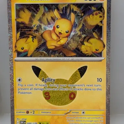Sale Photo Thumbnail #170: Pokémon Pikachu trading card featuring full holo border and 25th Anniversary logo stamp.