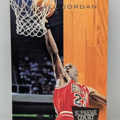 Sale Photo Thumbnail #385: 1993-94 NBA Hoops Supreme Court Michael Jordan basketball trading card #SS1. The card appears to be in clean condition with sharp corners.