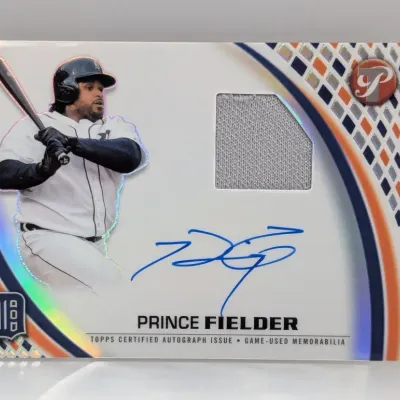 Sale Photo Thumbnail #57: Prince Fielder Topps Pristine autographed game-used memorabilia baseball card featuring a Detroit Tigers jersey swatch.