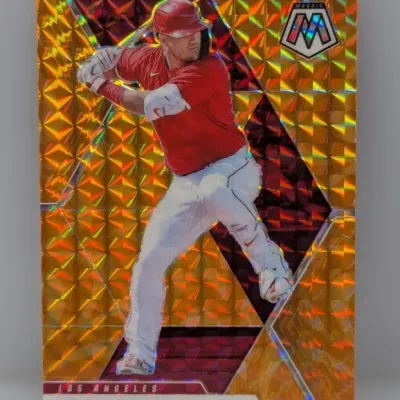 Sale Photo Thumbnail #641: Panini Mosaic Mike Trout Los Angeles Angels trading card featuring an orange mosaic Prizm parallel finish.