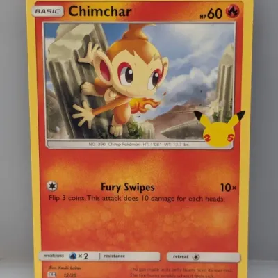Sale Photo Thumbnail #710: Pokémon Chimchar trading card from the 25th Anniversary Celebrations set (12/25), featuring artwork by Kouki Saitou.