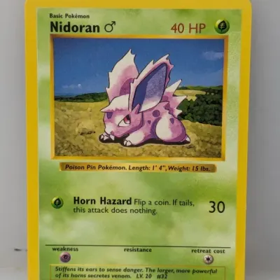 Sale Photo Thumbnail #772: 1999 Pokémon Base Set Nidoran ♂ trading card (#55/102), illustrated by Ken Sugimori.
