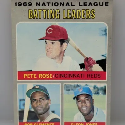 Sale Photo Thumbnail #390: 1970 Topps #61 1969 National League Batting Leaders baseball card featuring Pete Rose, Roberto Clemente, and Cleon Jones.