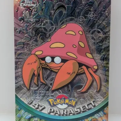 Sale Photo Thumbnail #758: 2000 Topps Chrome Pokémon Parasect #47 trading card featuring a holographic foil background in good condition.