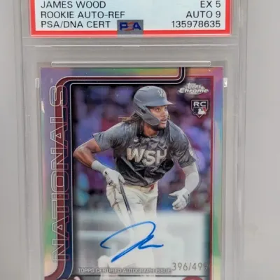 Sale Photo Thumbnail #43: 2025 Topps Chrome James Wood Rookie Auto-Refractor card, numbered 396/499 and graded PSA EX 5 with an Auto grade of 9.