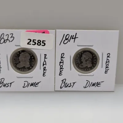 Sale Photo Thumbnail #910: Two early 19th-century Capped Bust silver dimes in cardboard flips, dated 1823 and 1814.