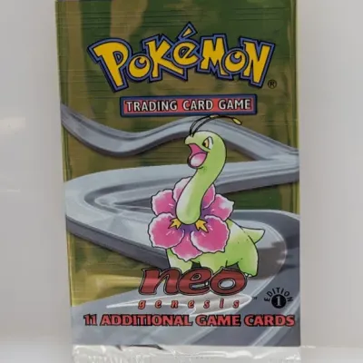 Sale Photo Thumbnail #609: Sealed Pokémon Neo Genesis 1st Edition booster pack featuring Meganium artwork, released in 2000.
