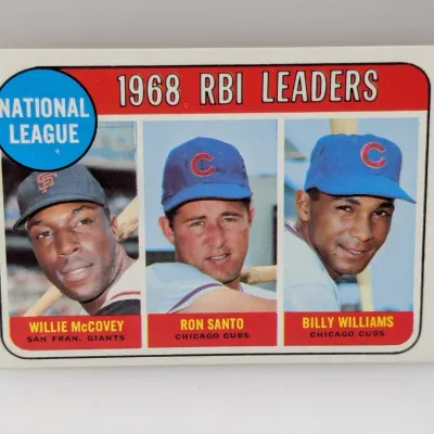 Sale Photo Thumbnail #579: 1969 Topps baseball card #4 featuring 1968 National League RBI Leaders Willie McCovey, Ron Santo, and Billy Williams.