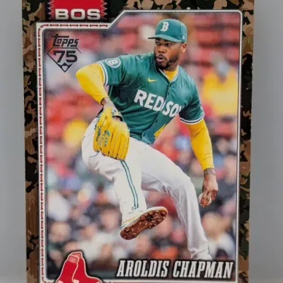 Sale Photo Thumbnail #288: Aroldis Chapman Topps baseball card featuring a camouflage border design and Boston Red Sox branding, shown in excellent condition.