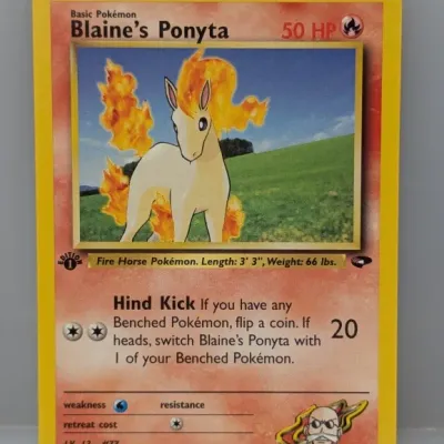 Sale Photo Thumbnail #375: 1st Edition Blaine's Ponyta Pokémon trading card from the Gym Heroes set, numbered 64/132, released in 2000.
